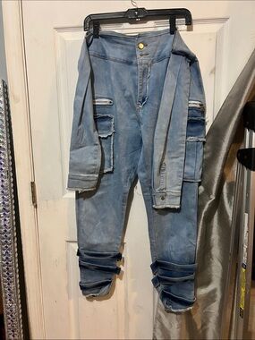 Light Blue Cargo-Style Women's Jogger Pants with Strap Details